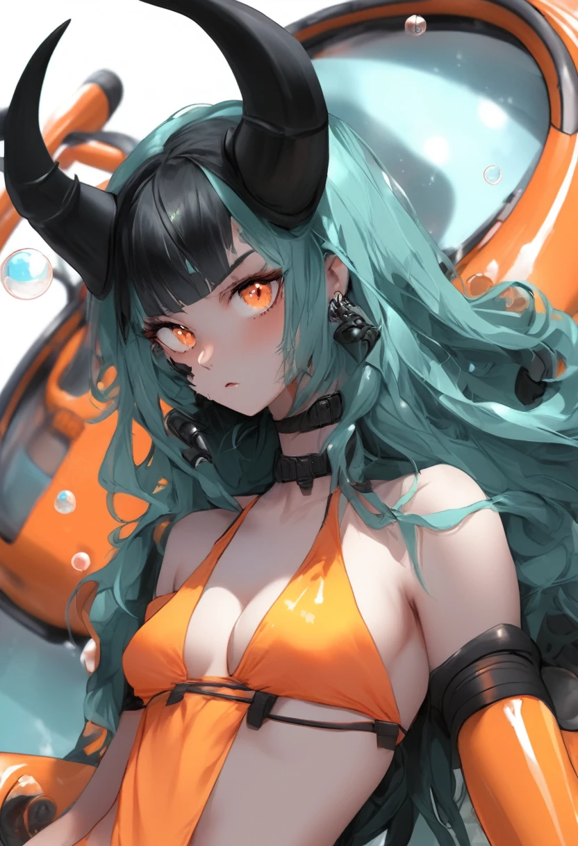 score_9, score_8_up, score_7_up,1 daemon woman, straight demon horns, (black horns),(upward-pointing horns) , vertical horns, black demon tail, (aquamarine hair),aquamarine green color hair,ahoge, long hair, (long hair),bangs, light orange bikini,bikini is orange, bikini orange, orange bikini!, (orange eyes), background is spaceship, orange eyes, 1woman ,facing viewer, daemon girl, bubbles, tube, close up,Well-endowed, alone,Spacecraft interior