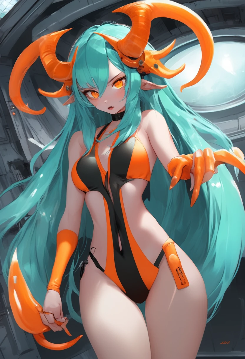 score_9, score_8_up, score_7_up,1 daemon woman, straight demon horns, (black horns),(upward-pointing horns) , vertical horns, black demon tail, (aquamarine hair),aquamarine green color hair,ahoge, long hair, (long hair),bangs, light orange bikini,bikini is orange, bikini orange, orange bikini!, (orange eyes), background is spaceship, orange eyes, 1woman ,facing viewer, daemon girl, bubbles, tube, close up,Well-endowed, alone,Spacecraft interior