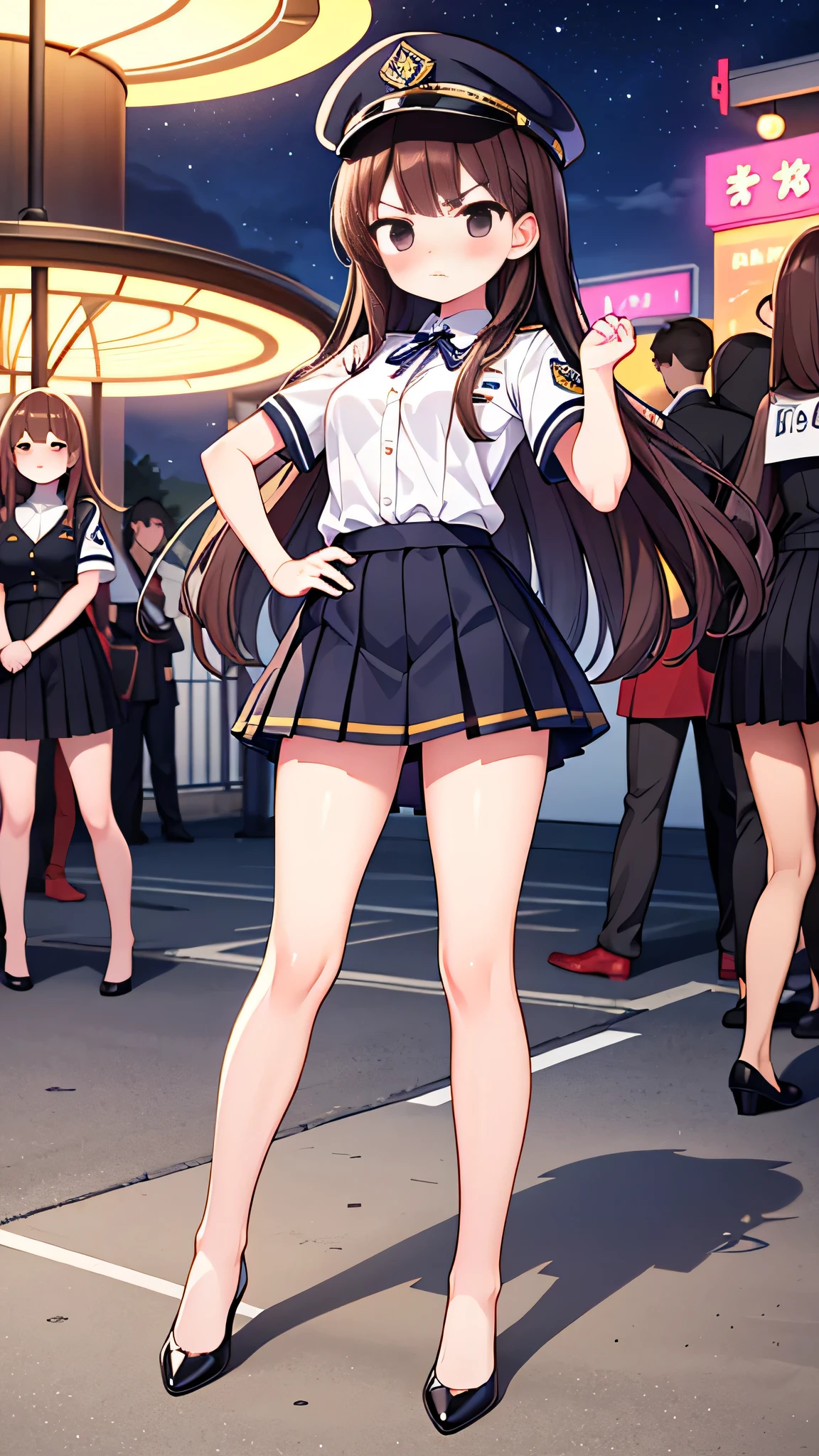 {Highest quality], [Super beautiful], [Ultra fine], [Best illustration], NSFW,Brown Hair, Hime cut, Long Hair, With bangs, girl, Uniform cap,Security uniform,Angry blush, Slender women,Short sleeve,Long straight skirt, Adult women,Strike a Pose,(Public）Night Park, diagonal,Bare feet and pumps, Plain black pumps
