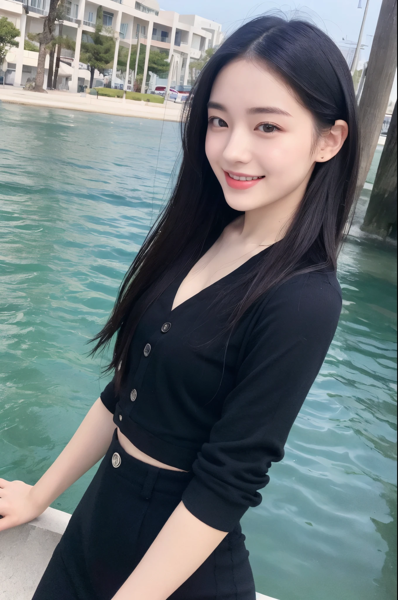 22-year-old girl, with gray eyes, pale white skin, slim figure, smiling, black hair, fashionable, photo taken with an ultra-realistic professional camera, she is in a beautiful place