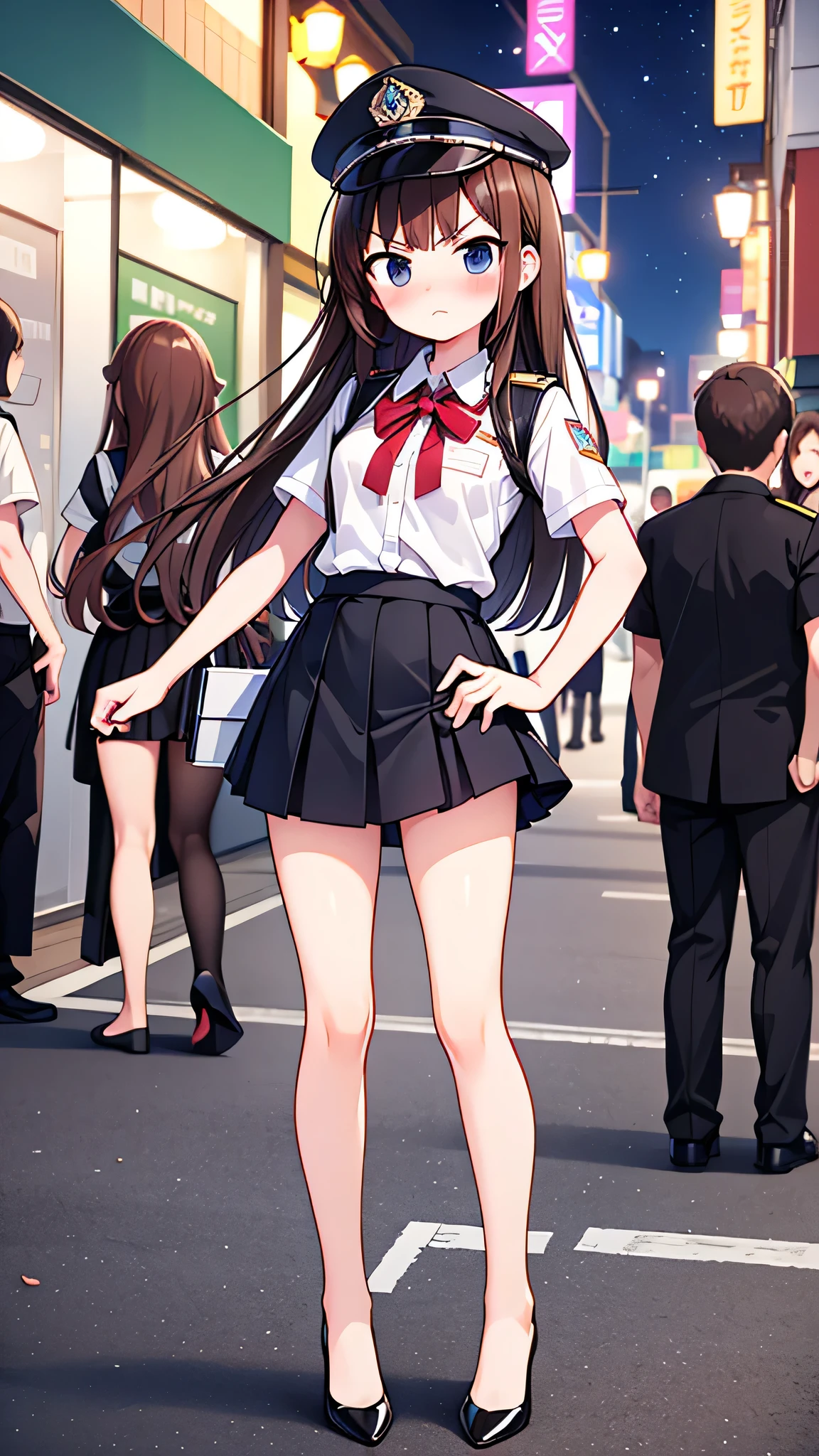 {Highest quality], [Super beautiful], [Ultra fine], [Best illustration], NSFW,Brown Hair, Hime cut, Long Hair, With bangs, girl, Uniform cap,Security uniform,Angry blush, Slender women,Short sleeve,Long straight skirt, Adult women,Strike a Pose,(Public）Night Park, diagonal,Bare feet and pumps, Plain black pumps
