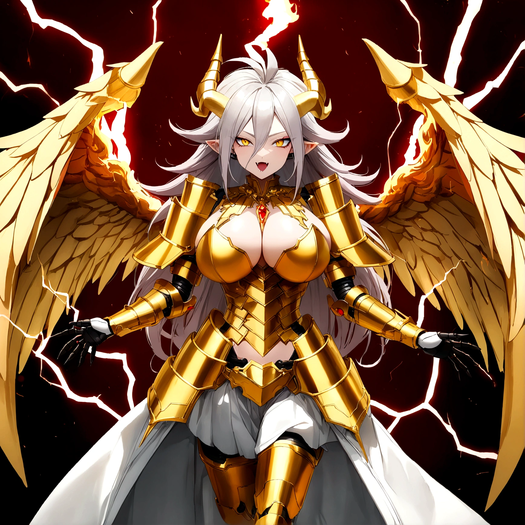 ((Lightning Power)), ((Electricity)), ((Fire Background)), ((Lightning Storm)), ((Power Erupting)),((((android 21 Evil)))), (((white Coat))), (((Busty))), (((((Big breast:1,3)))), luxury bustier corset, (((silver hair))), (((Very slim waist))), propotional body, ((Gorgeous)), (((gold wings))), masterpiece, hyperdetail, ambient effect, digital effect, (((Vampire Fangs))), (((FIRE SWORD)), (((Lightning Sword))), (((Fire Gold Armor))), (((Lightning Gold Wings))), (((Fire Blazing Horns)))