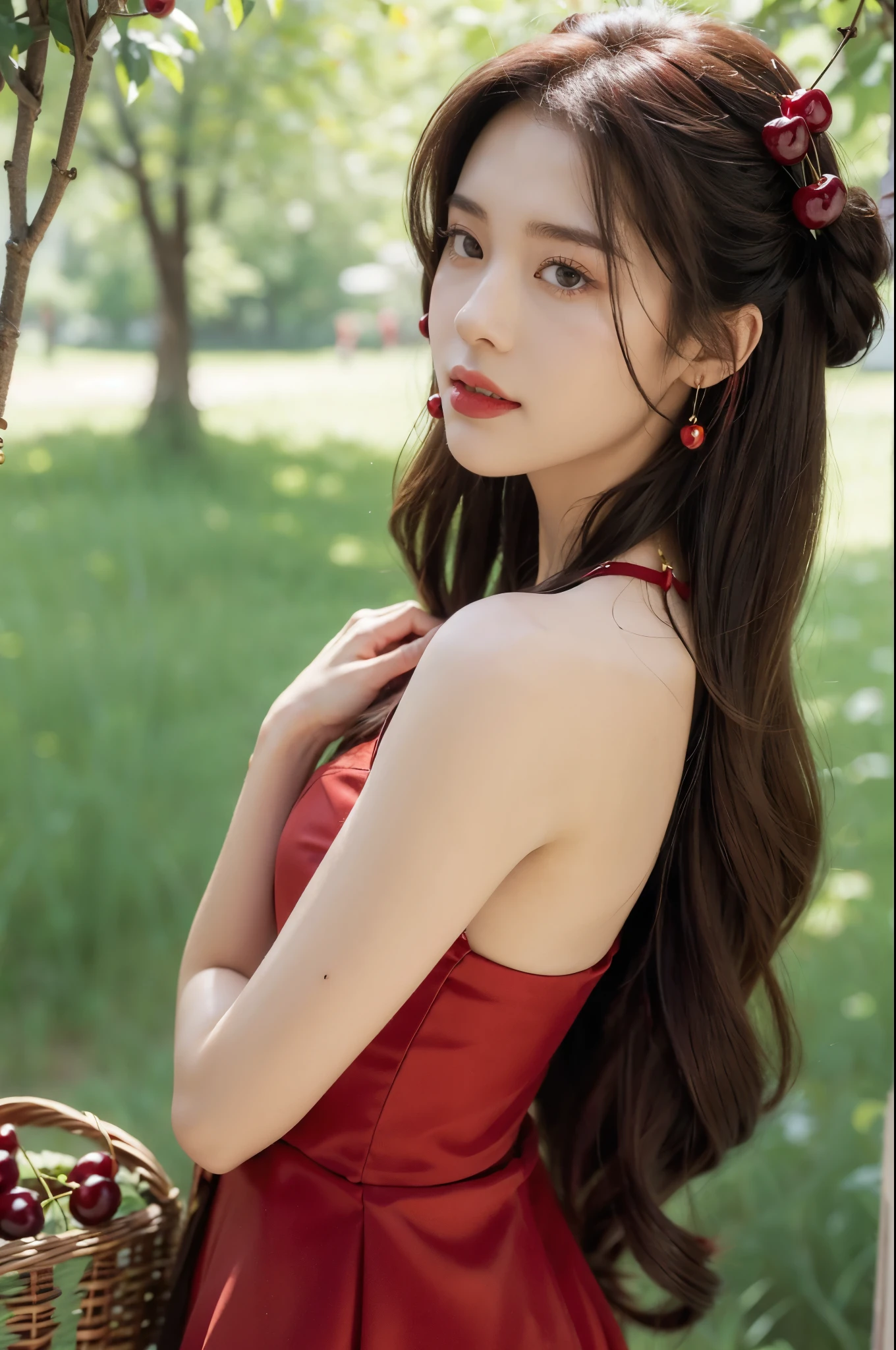 (((best quality))),(((ultra detailed))),(((masterpiece))),illustration,1 beautiful girl,solo,earrings,necklace,medium straight hair,slim,flat chest,red dress,summer,(cherry orchard full of red cherries:1.3),sunlight,dappled light,fair skin,smile,(ripest cherries on the trees:1.3),red lips,peaceful,summer breeze,hair fluttering,setting sun,radiant hue,beauty grace,basket,upper body