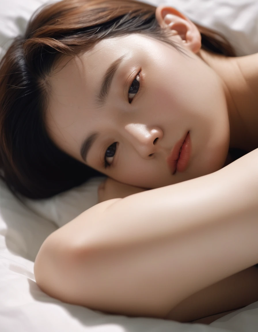 (photograph:2.0),Realistic skin detail,The Beauty of Japan,One girl,Realistic, Lie in, ~ side, close your eyes, short hair,See-through, Sleep, indoor, bed