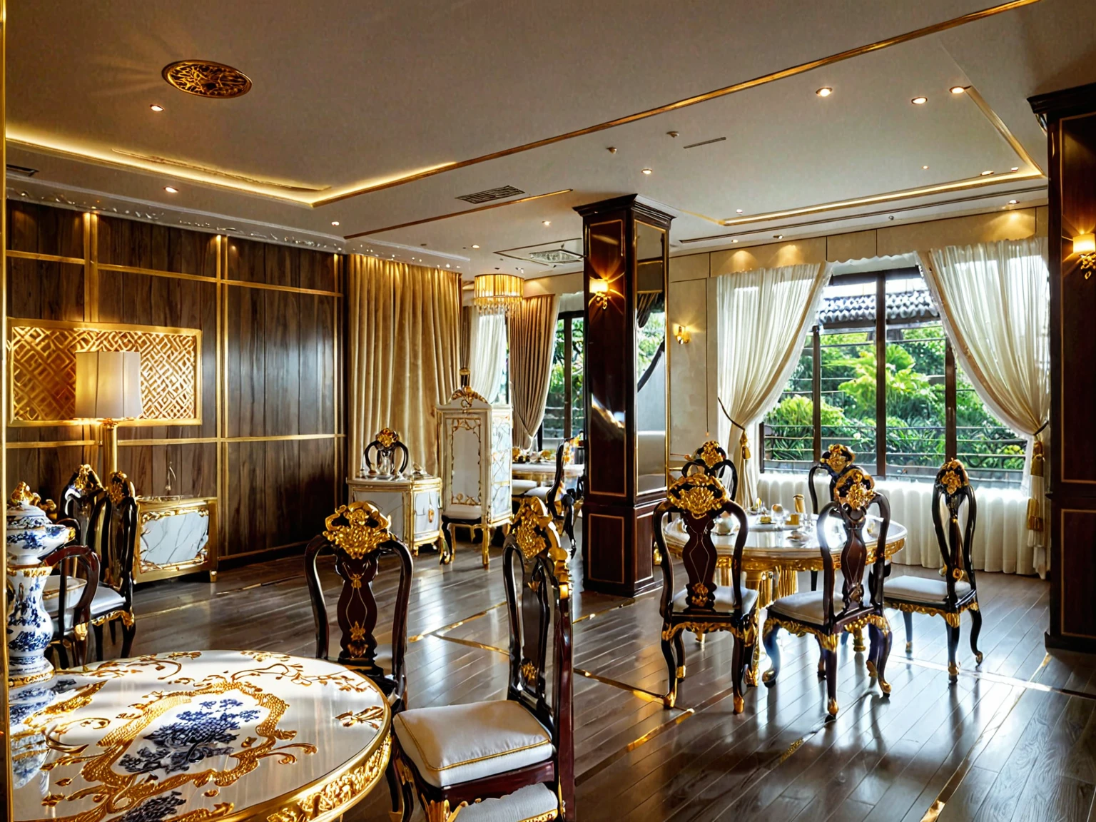 ,Masterpiece, Best quality,8K, Ultra-high resolution,When you step into the dinning room of restaurant room,Immediately surrounded by a rich atmosphere of luxury. It is so comfortable,So much so that you can't help but indulge in it。Embellished with precious porcelain and white-off gold ornaments。Whenever it is late afternoon,The afterglow from the window spilled on the floor,Soft light and shadow are reflected,It was as if entering a dreamland. ((Wooden chair and table : 1.3)), MIRROR COVER THE COLUMN