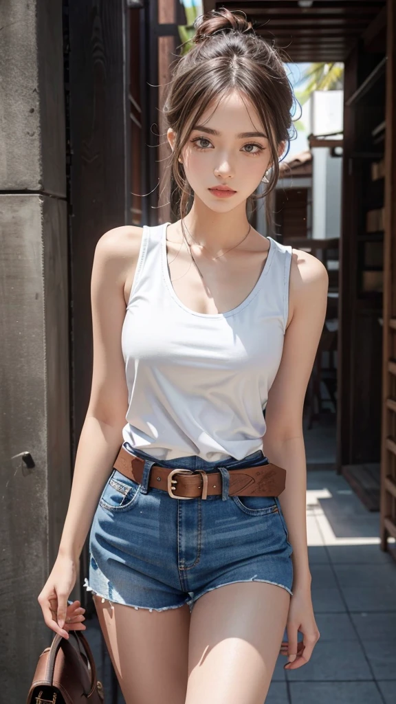 Mariam, Highest quality,(beauty), One Girl,Physically Based Rendering ,Ultra-high resolution,(Cowboy Shot:1.5),Tight waist, skinny, Leona MS , Big Blue Eyes,Long legs,((Sexy sleeveless tank top))、（（Super mini shorts））,Leather Belt,,Medium milk beautiful milk、,Slightly puffy eyes, Leather Belt,(Hawaii Town), Shiny skin, Face-to-face viewer, I&#39;m looking forward to fighting you、（Holding a silver pistol）、（Protruding nipples）、((Sexy sleeveless tank top))、（Sexy thighs、((Big eyes、A clean and fresh face))、((Sexy camisole sleeveless))、Beautiful abs are cool、（（Sexy Shorts）、（Sexy pose））、A dazzling smile with white teeth