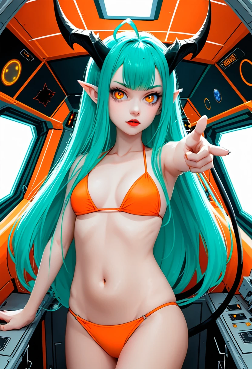 score_9, score_8_up, score_7_up,1 daemon woman, straight demon horns, (black horns),(upward-pointing horns) , vertical horns, black demon tail, (aquamarine hair),aquamarine green color hair,ahoge, long hair, (long hair),bangs, light orange bikini,bikini is orange, bikini orange, orange bikini!, (orange eyes), background is spaceship, orange eyes, 1woman ,facing viewer, daemon girl, bubbles, tube, close up,Well-endowed, alone,Spacecraft interior