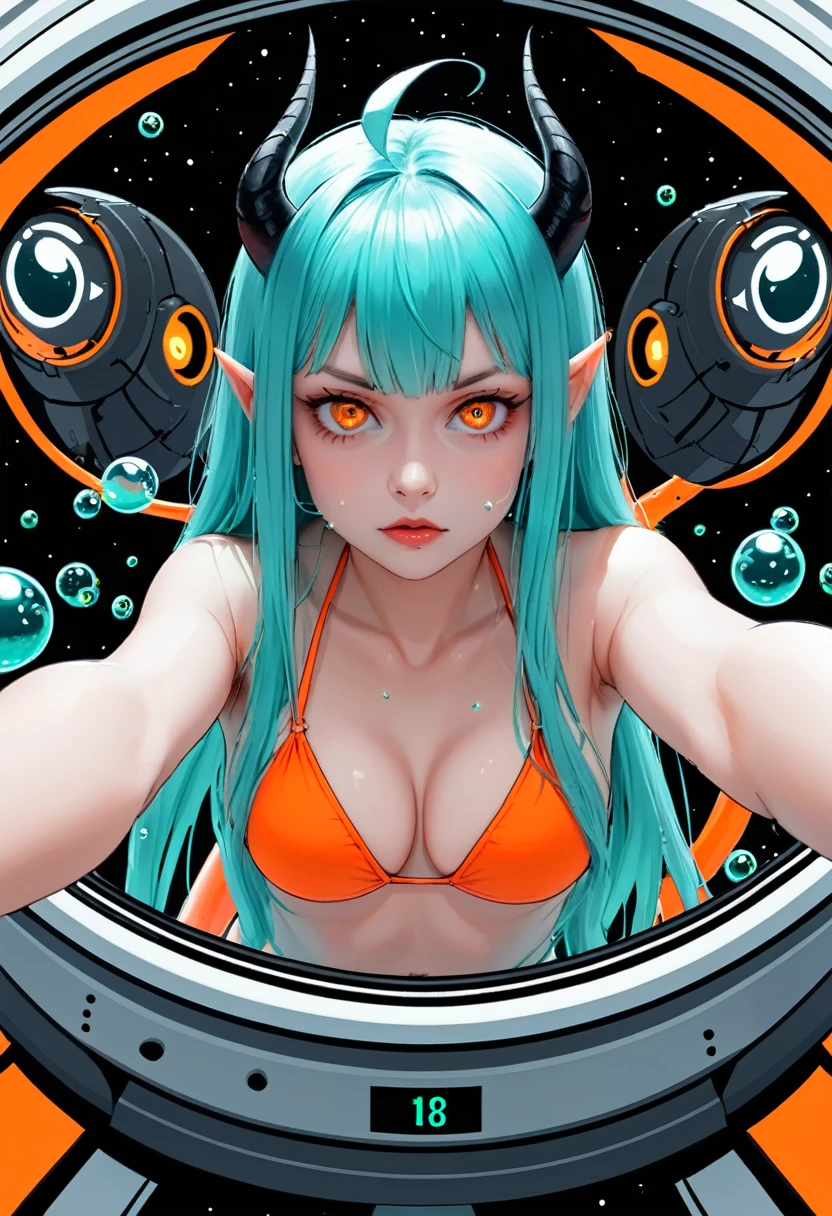 score_9, score_8_up, score_7_up,1 daemon woman, straight demon horns, (black horns),(upward-pointing horns) , vertical horns, black demon tail, (aquamarine hair),aquamarine green color hair,ahoge, long hair, (long hair),bangs, light orange bikini,bikini is orange, bikini orange, orange bikini!, (orange eyes), background is spaceship, orange eyes, 1woman ,facing viewer, daemon girl, bubbles, tube, close up,Well-endowed, alone,Spacecraft interior