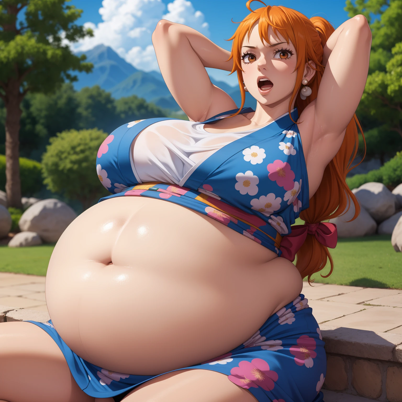 2d, masterpiece, best quality, anime, highly detailed face, highly detailed background, perfect lighting, wano, nami, 1girl, solo, long hair, jewelry, sash, japanese clothes, obi, orange hair, kimono, bow, light blue kimono, flower, flower print, earrings, looking at viewer, sleeveless kimono, ahoge, ribbon, hair bow, sky, day, bracelet, sleeveless, ;\), blue bow, outdoors, breasts, cloud, ponytail, blue sky, brown eyes, orange eyes, bare shoulders, very long hair, sidelocks, bangs, collarbone, upper body, bare arms, official alternate costume, blurry, hand gesture, alternate costume, medium breasts, blurry background, large breasts, eyelashes, mountain, parody, cloudy sky, sitting, shiny hair, bangle, wavy hair, (((big belly:1.2), (massive belly:1.2), chubby, (giant belly:1.2))), shocked, open mouth, (hands behind head:1.4), (solo:1.5), midriff
