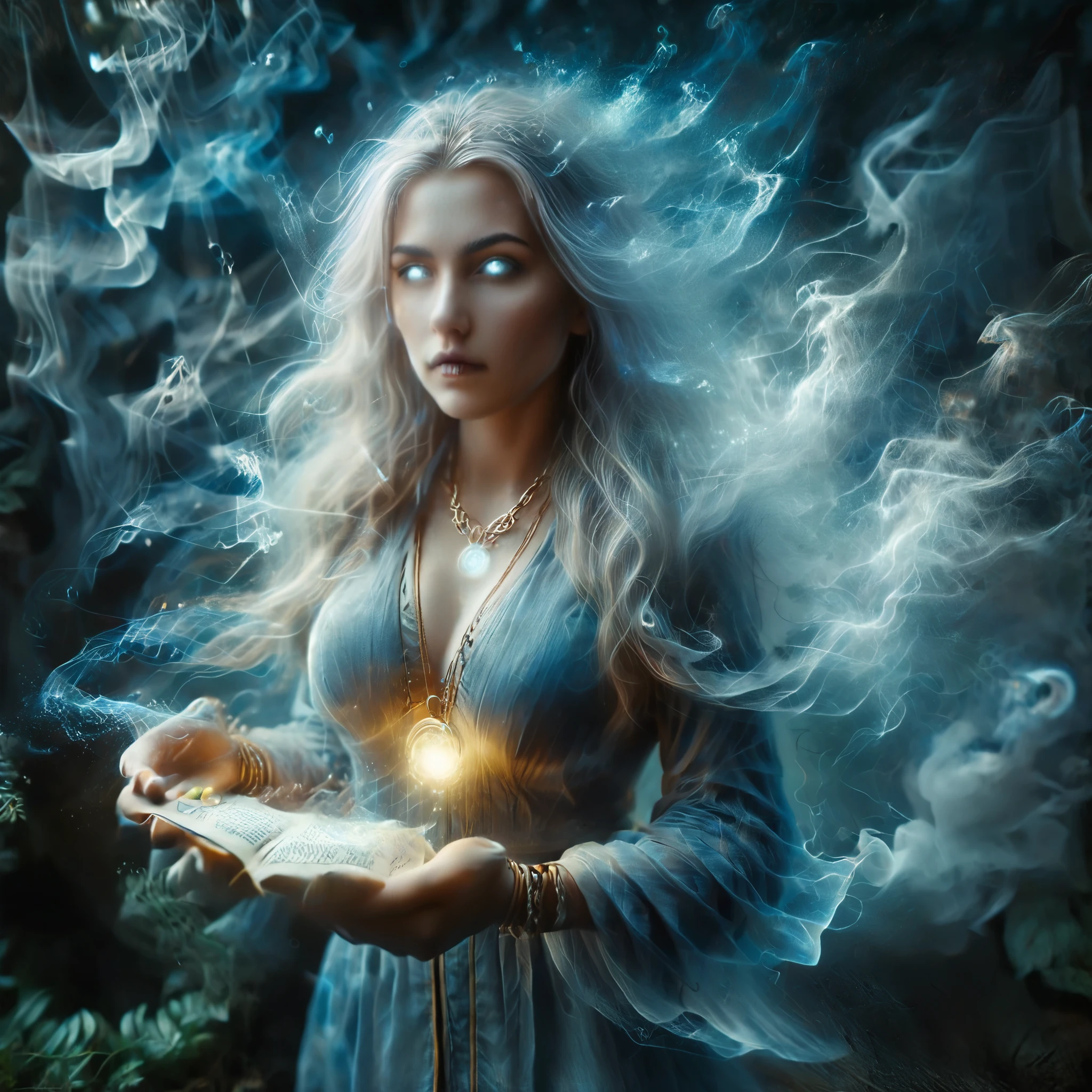 A mystical scene featuring a young sorceress with long, flowing wavy hair that appears almost electrified. She is dressed in a detailed, golden-yellow robe with intricate blue accents and patterns, wearing an ornate necklace and multiple bracelets on her wrist. The sorceress holds a glowing, electric orb in her hands, which emits vibrant blue and white lightning. Her expression is one of awe and wonder as she gazes at the orb. The background is filled with a swirling, otherworldly energy with intricate patterns and bright blue lightning streaks. The overall atmosphere is magical and electrifying, with a focus on the contrast between the warm tones of her clothing and the cool blue lighting of the orb and background, Ultra Realistic photo, 16k, ultra vibrant colors