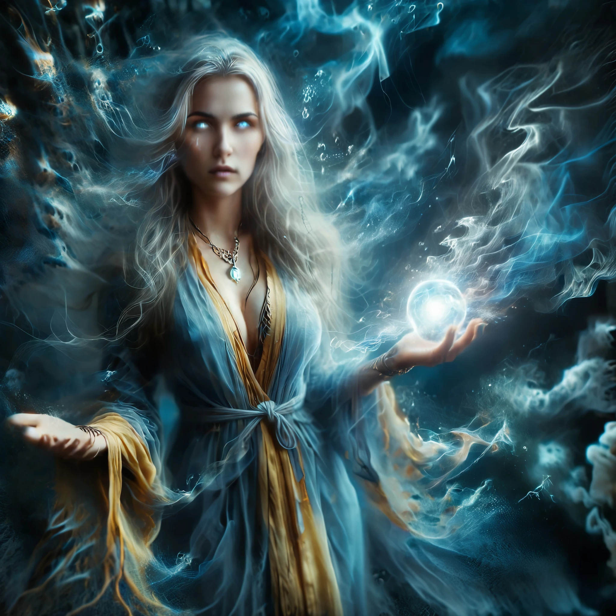 A mystical scene featuring a young sorceress with long, flowing wavy hair that appears almost electrified. She is dressed in a detailed, golden-yellow robe with intricate blue accents and patterns, wearing an ornate necklace and multiple bracelets on her wrist. The sorceress holds a glowing, electric orb in her hands, which emits vibrant blue and white lightning. Her expression is one of awe and wonder as she gazes at the orb. The background is filled with a swirling, otherworldly energy with intricate patterns and bright blue lightning streaks. The overall atmosphere is magical and electrifying, with a focus on the contrast between the warm tones of her clothing and the cool blue lighting of the orb and background, Ultra Realistic photo, 16k, ultra vibrant colors