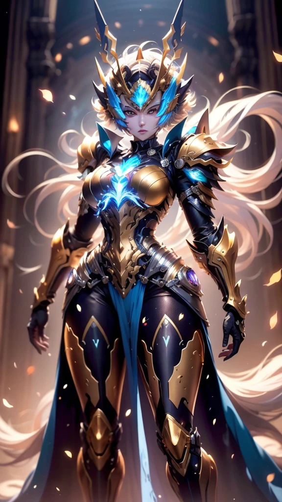 A woman adorned in fantasy-style full-body armor, a crown-concept fully enclosed helmet that unveils only her eyes, a composite layered chest plate, fully encompassing shoulder and hand guards, a lightweight waist armor, form-fitting shin guards, the overall design is heavy-duty yet flexible, (the armor gleams with a golden glow, complemented by red and blue accents), exhibiting a noble aura, she floats above a fantasy-surreal high-tech city, this character embodies a finely crafted fantasy-surreal style armored hero in anime style, exquisite and mature manga art style, (mixture of Queen bee and Spider concept Armor, plasma), ((Element, elegant, goddess, femminine:1.5)), metallic, high definition, best quality, highres, ultra-detailed, ultra-fine painting, extremely delicate, professional, anatomically correct, symmetrical face, extremely detailed eyes and face, high quality eyes, creativity, RAW photo, UHD, 32k, Natural light, cinematic lighting, masterpiece-anatomy-perfect, masterpiece:1.5