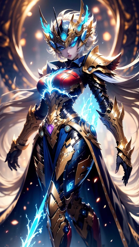 A woman adorned in fantasy-style full-body armor, a crown-concept fully enclosed helmet that unveils only her eyes, a composite layered chest plate, fully encompassing shoulder and hand guards, a lightweight waist armor, form-fitting shin guards, the overall design is heavy-duty yet flexible, (the armor gleams with a golden glow, complemented by red and blue accents), exhibiting a noble aura, she floats above a fantasy-surreal high-tech city, this character embodies a finely crafted fantasy-surreal style armored hero in anime style, exquisite and mature manga art style, (mixture of Queen bee and Spider concept Armor, plasma), ((Element, elegant, goddess, femminine:1.5)), metallic, high definition, best quality, highres, ultra-detailed, ultra-fine painting, extremely delicate, professional, anatomically correct, symmetrical face, extremely detailed eyes and face, high quality eyes, creativity, RAW photo, UHD, 32k, Natural light, cinematic lighting, masterpiece-anatomy-perfect, masterpiece:1.5