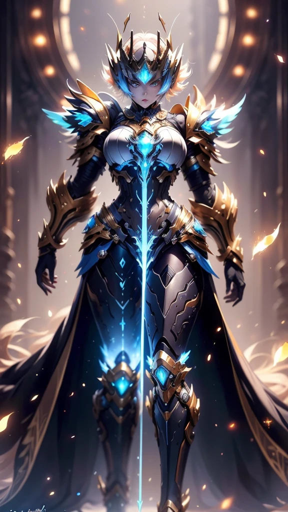 A woman adorned in fantasy-style full-body armor, a crown-concept fully enclosed helmet that unveils only her eyes, a composite layered chest plate, fully encompassing shoulder and hand guards, a lightweight waist armor, form-fitting shin guards, the overall design is heavy-duty yet flexible, (the armor gleams with a golden glow, complemented by red and blue accents), exhibiting a noble aura, she floats above a fantasy-surreal high-tech city, this character embodies a finely crafted fantasy-surreal style armored hero in anime style, exquisite and mature manga art style, (mixture of Queen bee and Spider concept Armor, plasma), ((Element, elegant, goddess, femminine:1.5)), metallic, high definition, best quality, highres, ultra-detailed, ultra-fine painting, extremely delicate, professional, anatomically correct, symmetrical face, extremely detailed eyes and face, high quality eyes, creativity, RAW photo, UHD, 32k, Natural light, cinematic lighting, masterpiece-anatomy-perfect, masterpiece:1.5