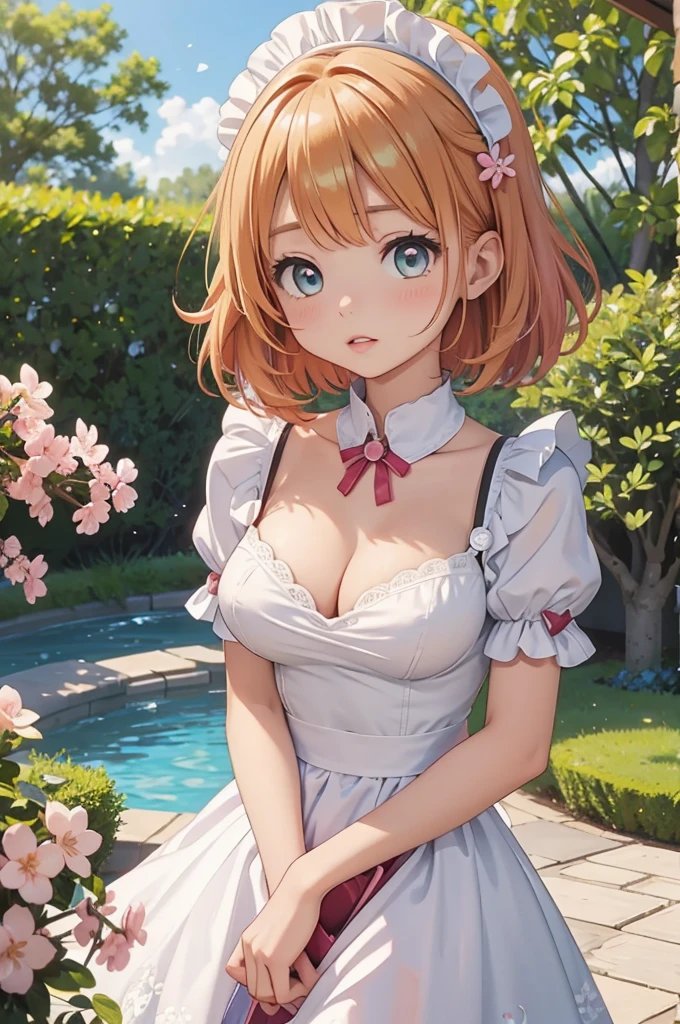 masterpiece, best quality, highres, perfect pixel, depth of field, 1girl, single, solo, beautiful anime girl, beautiful artstyle, (beautiful eyes), (detailed face), (blush), anime CG style, (medium breasts), good lighting, perfect body, lips parted, (sakura kinomoto), glossy lips, (maid), cleavage, high heels、yellow hair, bright eyes, serious, hairstyle back, short hair