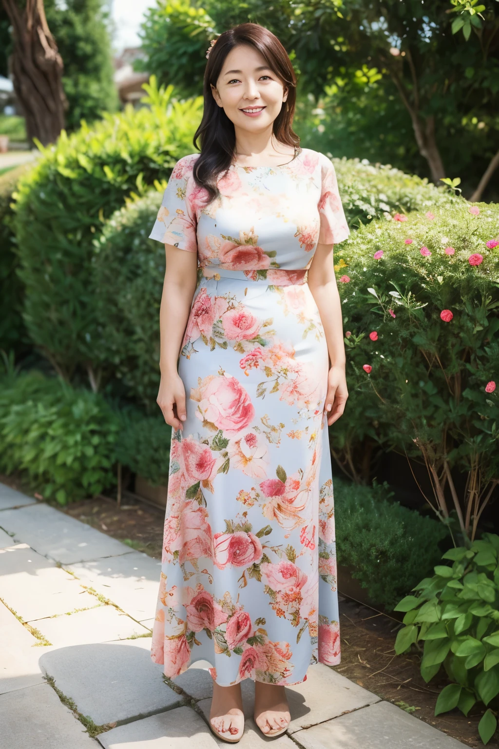 Wear a floral round neck dress,short sleeve,wavy long hair,40 year old female,Mature,charming smile,garden background,stand,Leg length,Slightly fat,medium chest,full-body shot。