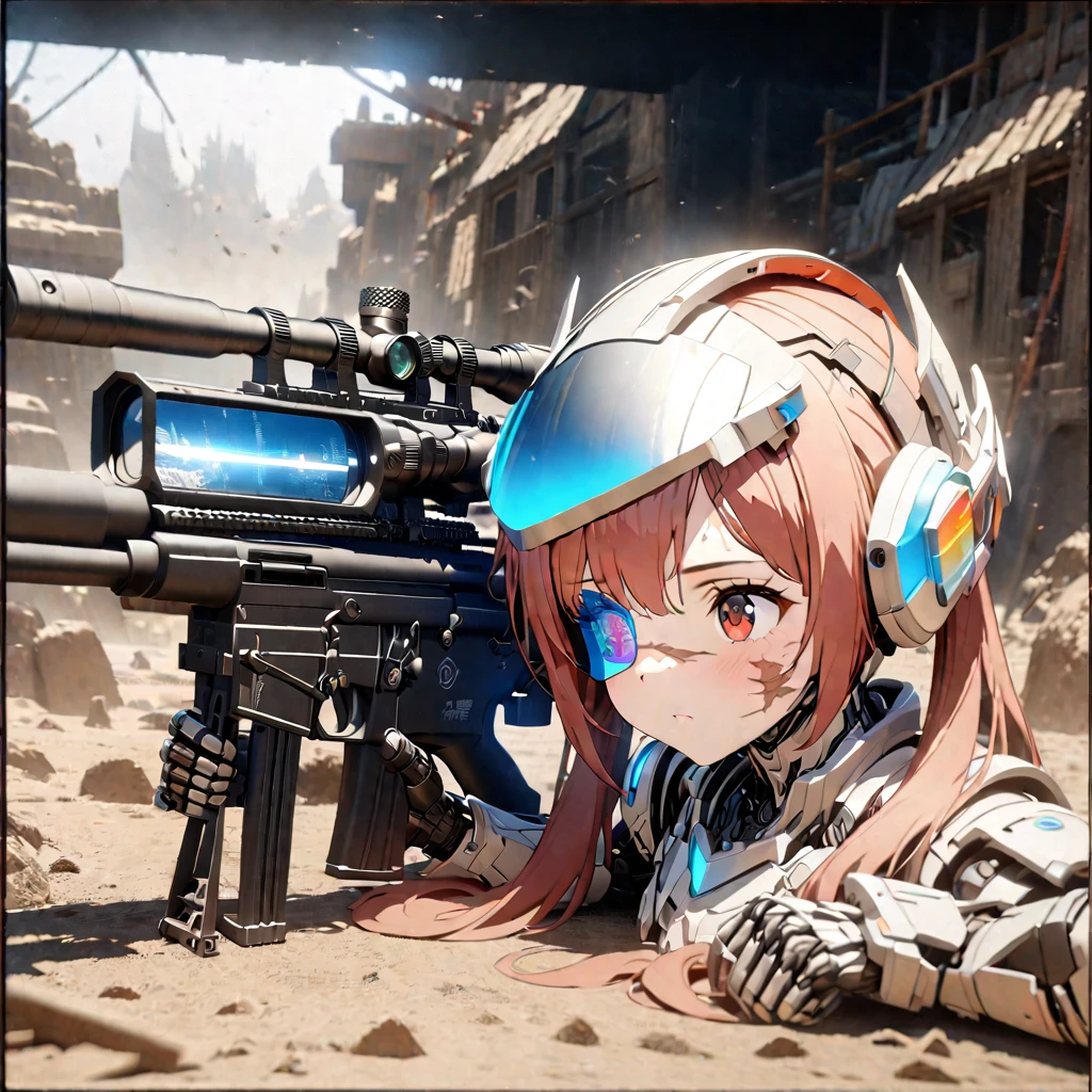 3D digital art from the fantasy world, 1girl, robot girl, red hair, twin tails, red eyes, white and gray camouflage clothing, she wearing flashy robot armor, (holding long range rifle:1.2) , a robot-like helmet on the head, (1 blue monitor scouter in one eye, the skin on half of the face has peeled off), (the base of the cyborg is visible), (face full of scars),A man lying on the ground looking through the scope of a rifle ,side view,High resolution, high precision images, 4k, 8k, best quality, hyper-detailed, intricate details, cinematic lighting, dramatic colors, concept art style