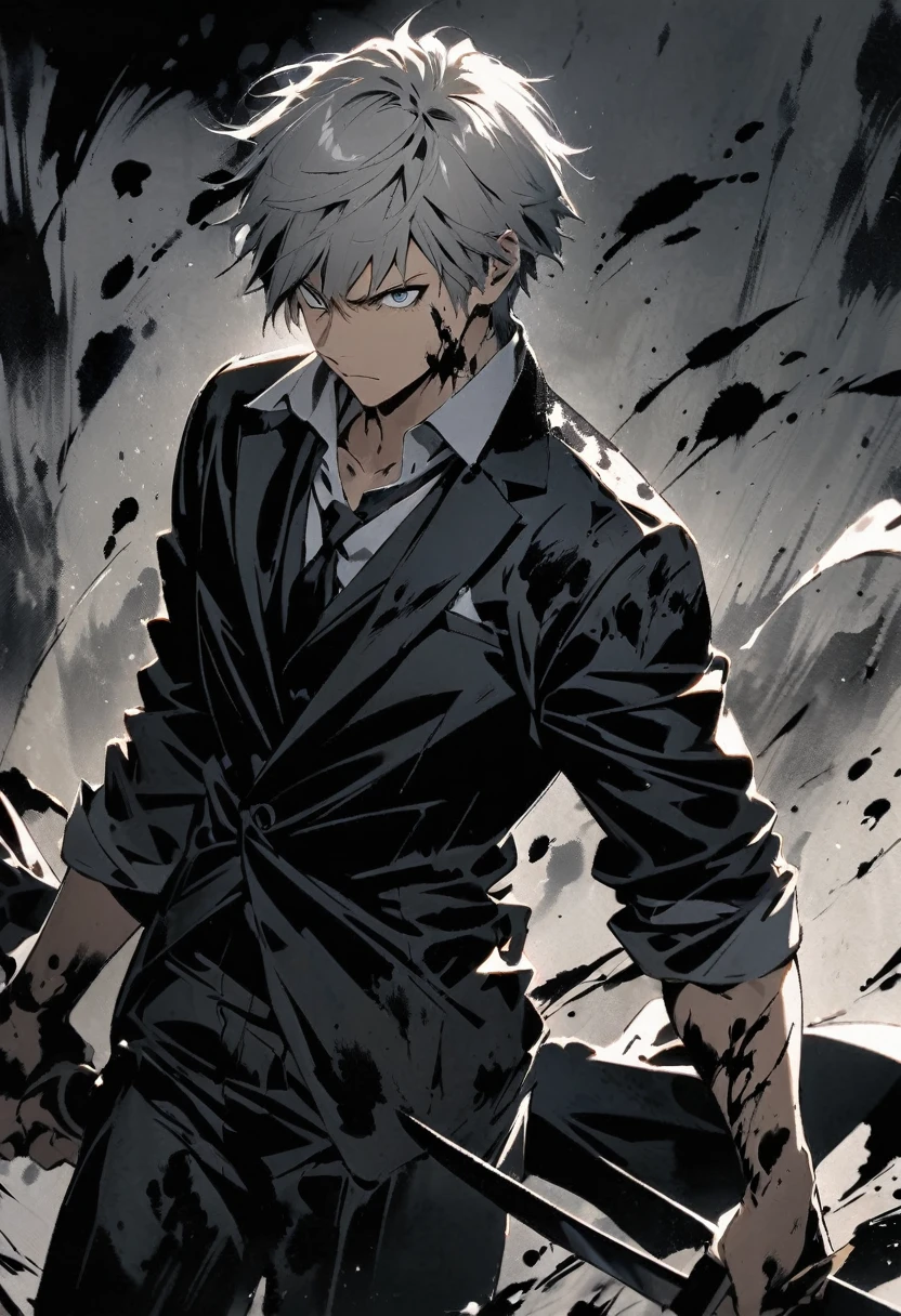 Short grey hair Sharp eyes 28 years old Hold a longsword Damaged black suit Ink painting art