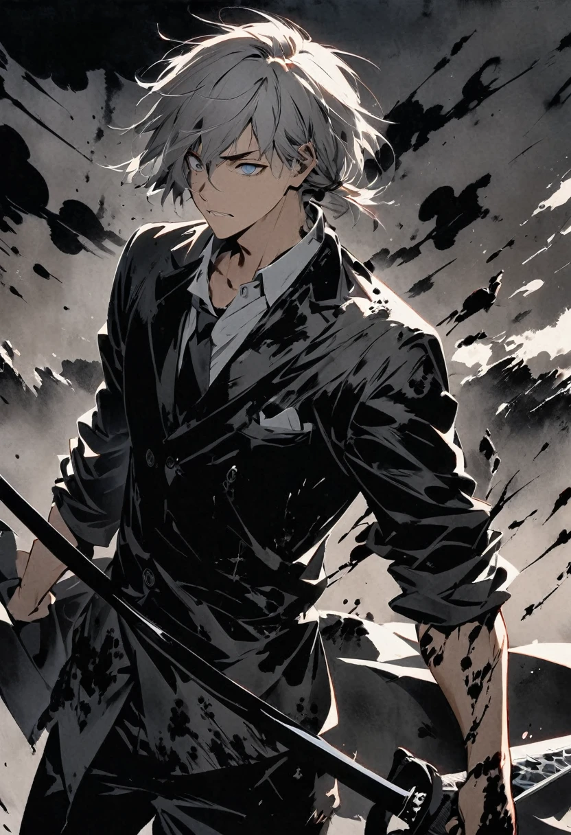 Short grey hair Sharp eyes 28 years old Hold a longsword Damaged black suit Ink painting art