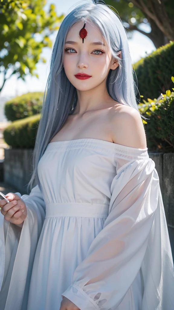 film movie still，1girl in、It stands、14years、pale-skinned、innocent smiles、(A detailed face)、(Detailed skin)、moisty，The details are complex、Shallow depth of field、[volume fog]、light、Reflectors、a Canon EOS R5、50mm lens、f / 2.8、shot at 8k resolution、Close-up，sea beach，sandbeach，The bird，Greenery，Off-the-shoulder attire，full bodyesbian，3rd eye，