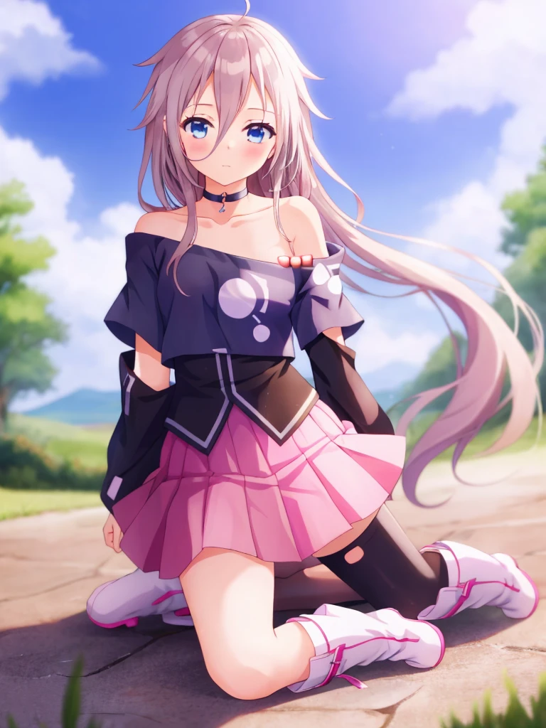 one girl, IA, vocaloid, skirt, black shirt, off shoulder, choker, beautiful, boots, naive, girl on top sex