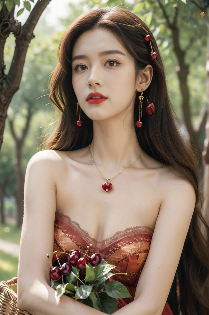 (((best quality))),(((ultra detailed))),(((masterpiece))),illustration,1 beautiful girl,solo,earrings,necklace,medium straight hair,slim,flat chest,strapless red bra,summer,(cherry orchard full of red cherries:1.3),sunlight,dappled light,fair skin,smile,(ripest cherries on the trees:1.3),red lips,peaceful,summer breeze,hair fluttering,setting sun,radiant hue,beauty grace,basket,close-up of face
