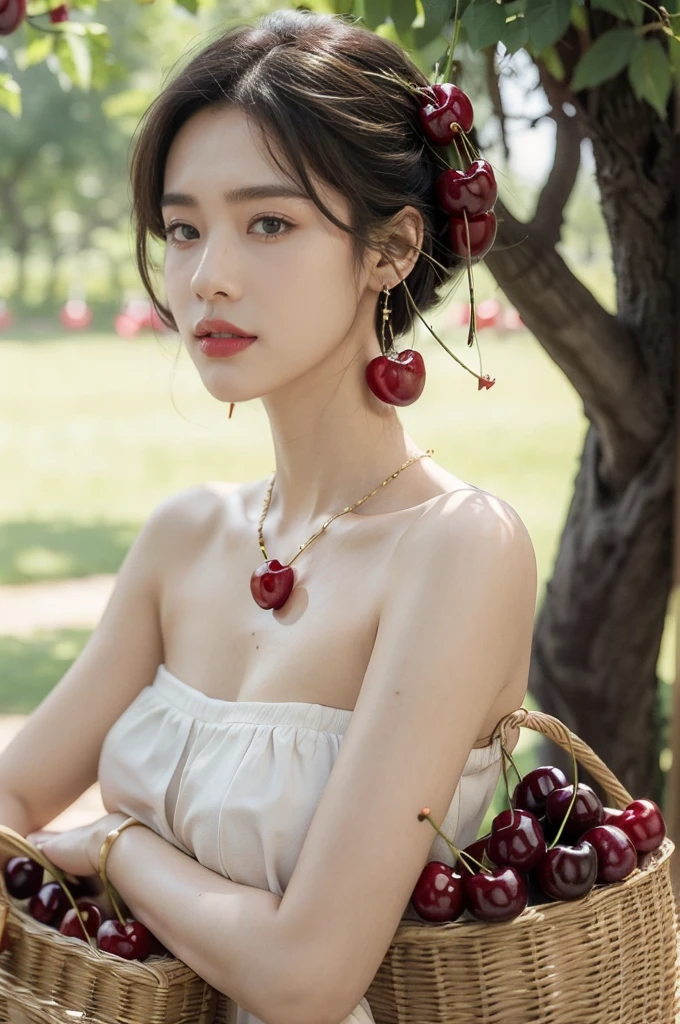 (((best quality))),(((ultra detailed))),(((masterpiece))),illustration,1 beautiful girl,solo,earrings,necklace,medium straight hair,slim,flat chest,strapless red bra,summer,(cherry orchard full of red cherries:1.3),sunlight,dappled light,fair skin,smile,(ripest cherries on the trees:1.3),red lips,peaceful,summer breeze,hair fluttering,setting sun,radiant hue,beauty grace,basket,close-up of face