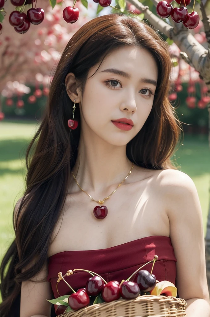 (((best quality))),(((ultra detailed))),(((masterpiece))),illustration,1 beautiful girl,solo,earrings,necklace,medium straight hair,slim,flat chest,strapless red bra,summer,(cherry orchard full of red cherries:1.3),sunlight,dappled light,fair skin,smile,(ripest cherries on the trees:1.3),red lips,peaceful,summer breeze,hair fluttering,setting sun,radiant hue,beauty grace,basket,close-up of face