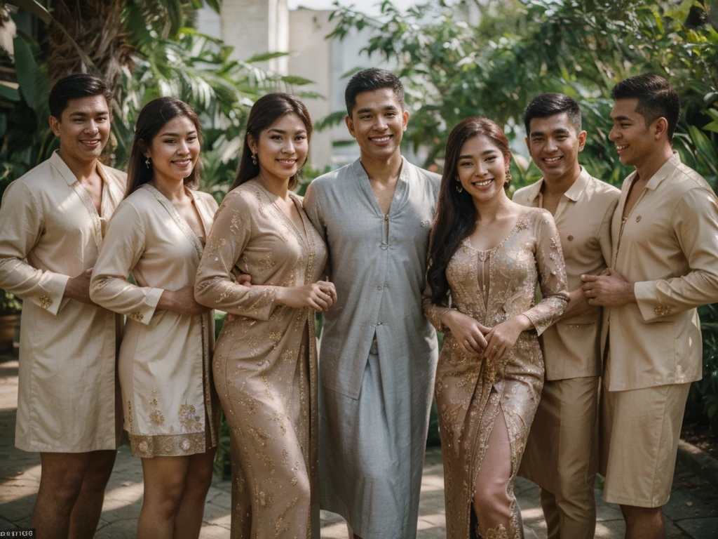 ((Best Quality, 8K, Masterpiece:)), Focus, realistic, A stunning high-resolution, vibrant photograph of 15 old young indonesian girl wear slit kebaya dress, laughing,surrounded by men, multiple men, men embracing her shoulder ,sexy aura, erotic mood,at outdoor wedding party,realistic photo, full body shot,The background is slightly blurred to keep the focus on her, creating a beautiful bokeh effect. soft sunlight filtering through,