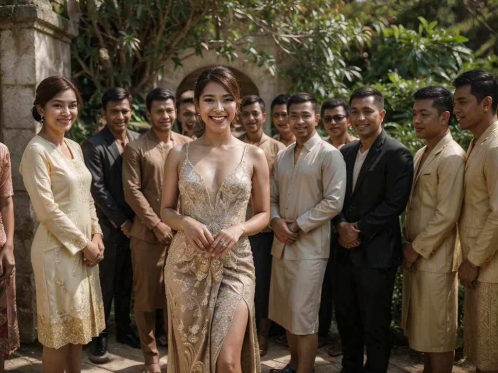 ((Best Quality, 8K, Masterpiece:)), Focus, realistic, A stunning high-resolution, vibrant photograph of 15 old young indonesian girl wear slit kebaya dress, laughing,surrounded by men, multiple men, men embracing her shoulder ,sexy aura, erotic mood,at outdoor wedding party,realistic photo, full body shot,The background is slightly blurred to keep the focus on her, creating a beautiful bokeh effect. soft sunlight filtering through,