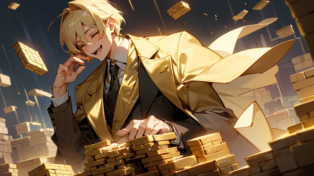 A man was wearing a suit and revealing his upper body inside a pile of coins. It was raining with coins in the sky, ((and he was holding a stack of gold bricks in his arms)), laughing happily
