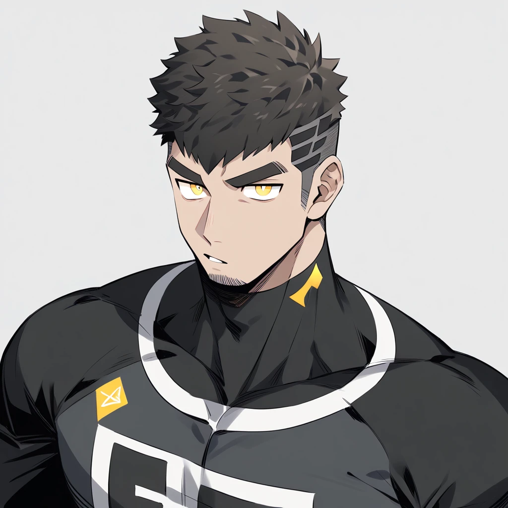 one negro, anime characters:Gyee, Hibino Kafka, One Muscle Sports Student, negro black skin, Very Black, muscular tough guy, Manliness, male focus, Grey long sleeve turtleneck tight t-shirt, Regular symmetrical pattern, Very tight, muscular male, muscular, only, Upper body, alone, Black short hair, Thick eyebrows, stubble, Yellow eyes, White background, simple background, amazing quality, best aesthetics, Ridiculous, bright pupils, crew cut, parted lips, v-shaped eyebrows, jitome, best quality