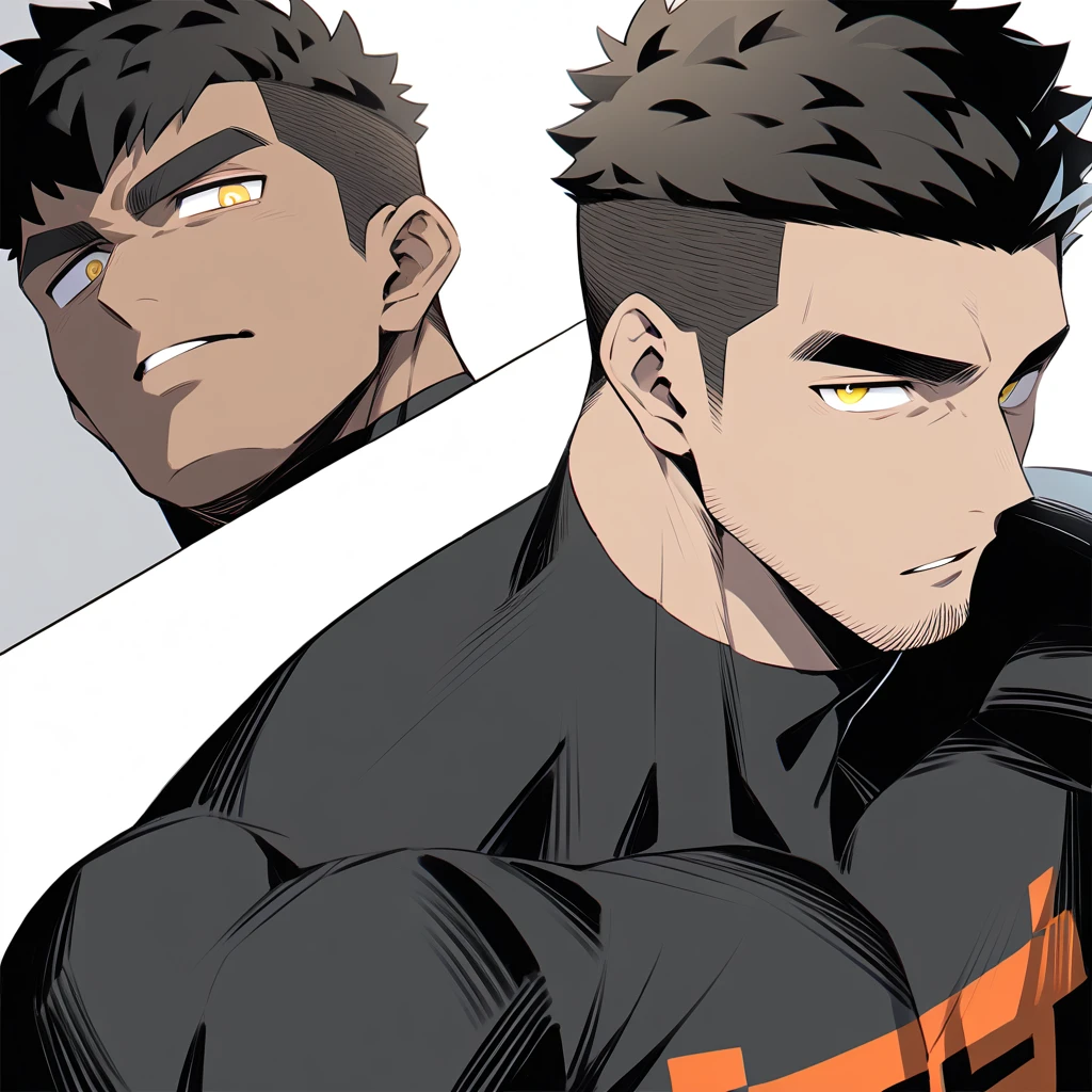one negro, anime characters：Gyee, Hibino Kafka, One Muscle Sports Student, negro black skin, Very Black, muscular tough guy, Manliness, male focus, Grey long sleeve turtleneck tight t-shirt, Regular symmetrical pattern, Very tight, muscular male, muscular, only, Upper body, alone, Black short hair, Thick eyebrows, stubble, Yellow eyes, White background, simple background, amazing quality, best aesthetics, Ridiculous, bright pupils, crew cut, parted lips, v-shaped eyebrows, jitome, best quality