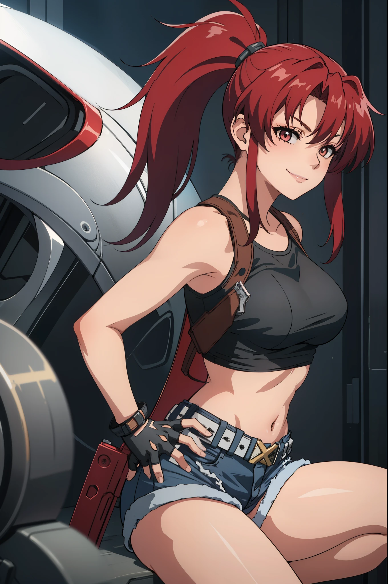 1girl, cute, sexy, red hair, cowboy shot, solo, revy, evil smile, holding gun, handgun, pistol, ponytail, tank top, fingerless gloves, denim shorts, holster, belt, newest