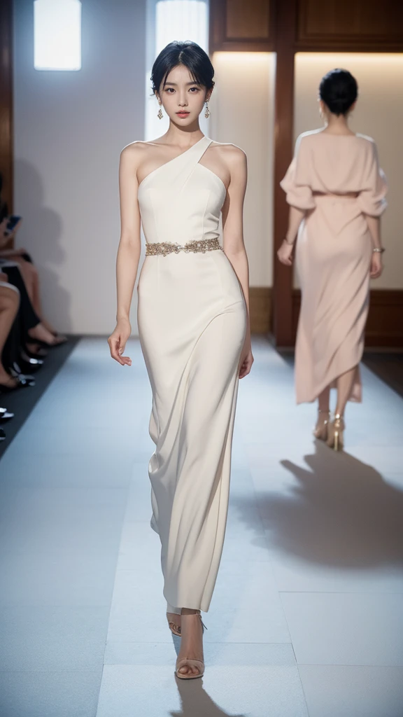 Korean woman, very beautiful, Perfect face, Very short hair, She is a model,Walk the catwalk in luxurious clothes from Paris Fashion Week, wearing expensive earrings, Perfect full body, She is being photographed