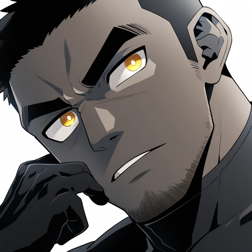 one negro, anime characters：Gyee, Hibino Kafka, One Muscle Sports Student, negro black skin, Very Black, muscular tough guy, Manliness, male focus, Grey long sleeve turtleneck tight t-shirt, Regular symmetrical pattern, Very tight, muscular male, muscular, only, Upper body, alone, Black short hair, Thick eyebrows, stubble, Yellow eyes, White background, simple background, amazing quality, best aesthetics, Ridiculous, bright pupils, crew cut, parted lips, v-shaped eyebrows, jitome, best quality