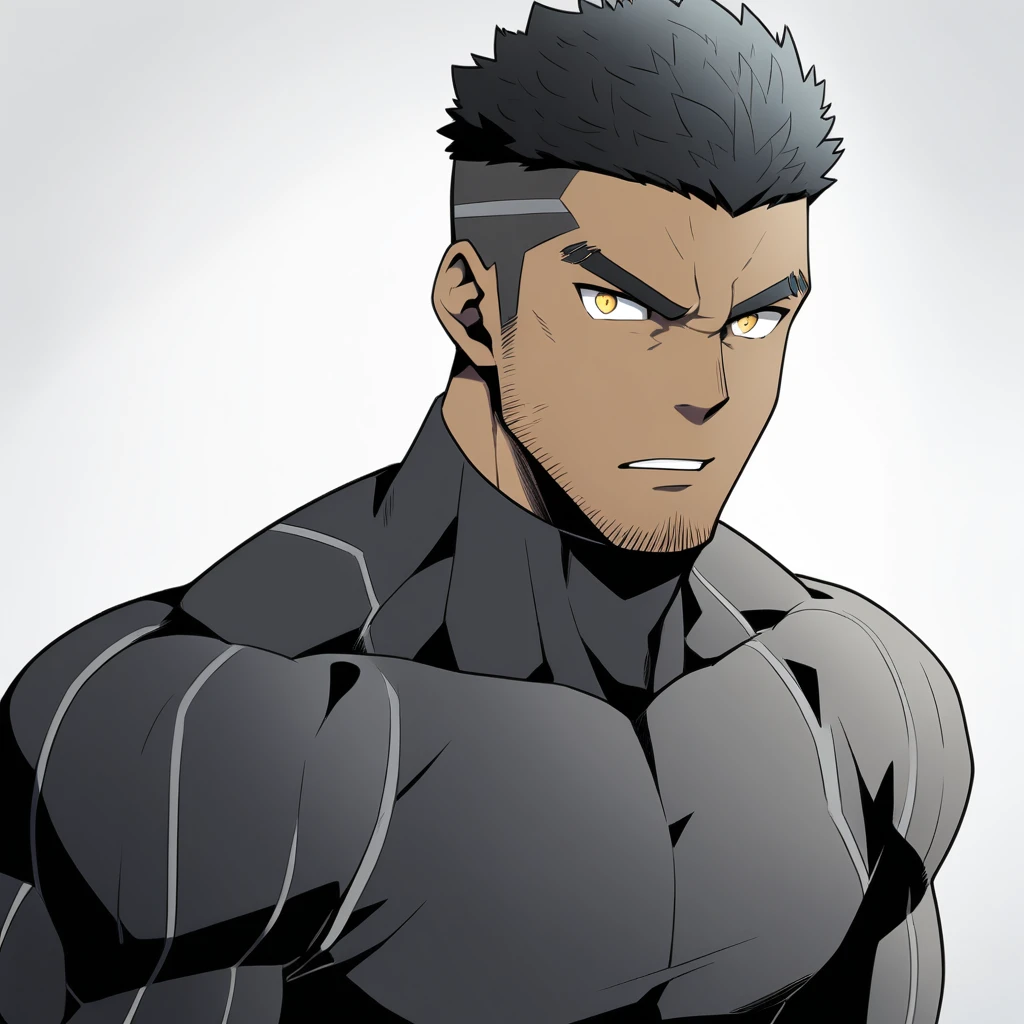 one negro, anime characters:Gyee, Hibino Kafka, One Muscle Sports Student, negro black skin, Very Black, muscular tough guy, Manliness, male focus, Grey long sleeve turtleneck tight t-shirt, Regular symmetrical pattern, Very tight, muscular male, muscular, only, Upper body, alone, Black short hair, Thick eyebrows, stubble, Yellow eyes, White background, simple background, amazing quality, best aesthetics, Ridiculous, bright pupils, crew cut, parted lips, v-shaped eyebrows, jitome, best quality
