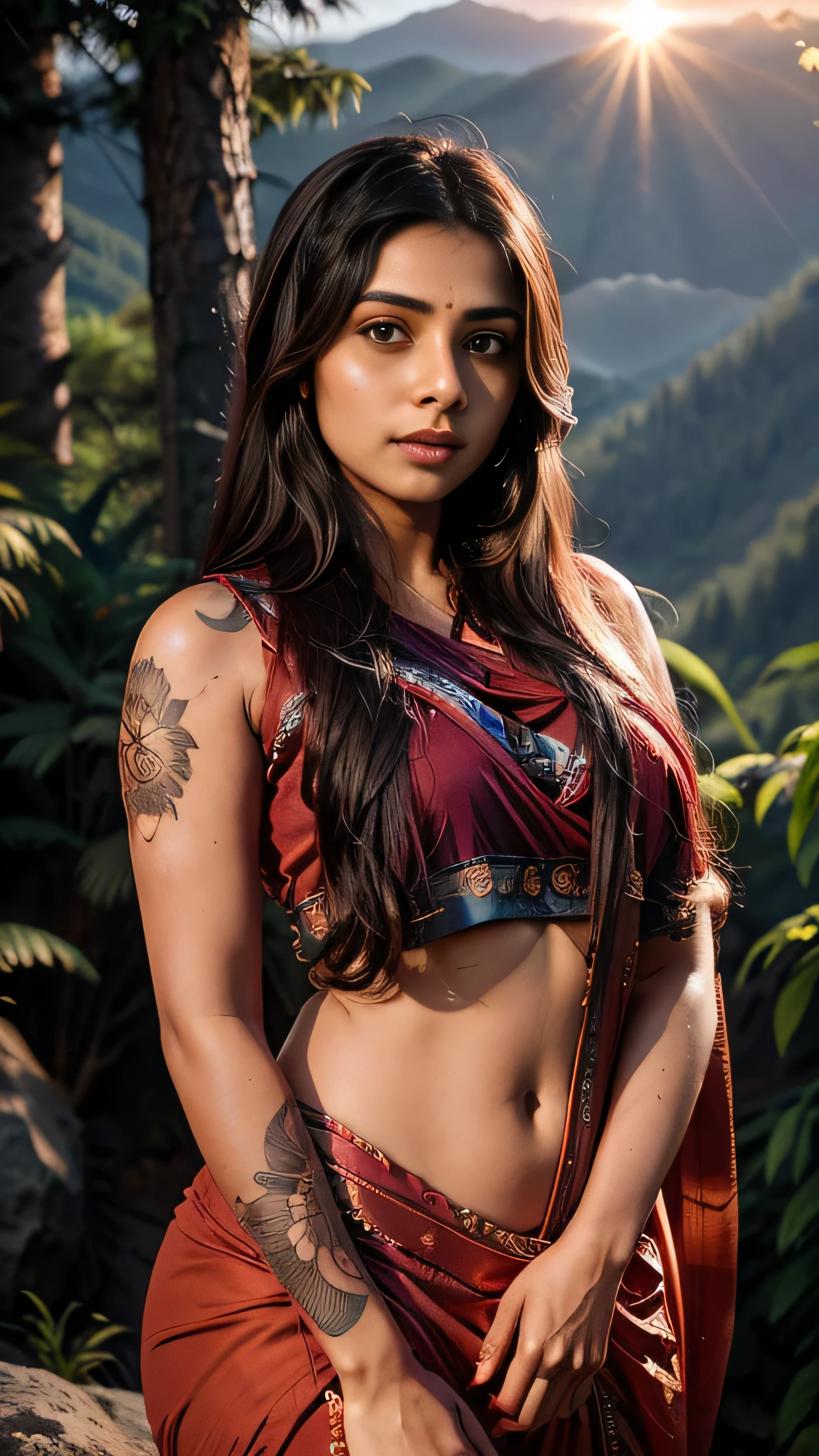 30 year old indian woman, wearing Saree, long braid hair, mountain forest, ultra realistic, realism, cute, charming, dusk time, sunset, medium height, big eyes, tattooed hands, sexy, ambient lighting, lens flare, god rays, perfect anatomy, detailed body and face, 8k