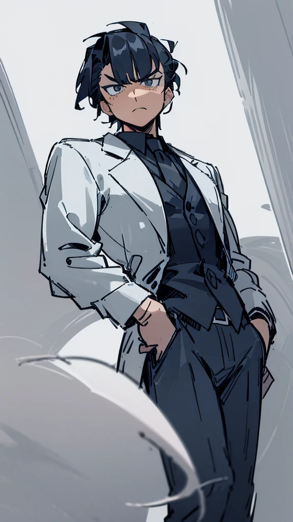 Narrow eyes, droopy eyes, man, black hair, bangs up, formal attire, medieval, fantasy, muscular, character drawing, Cool vigilante intimidating 、front facing vertical face Man with big eyes facing forward  、Slicked back short hair