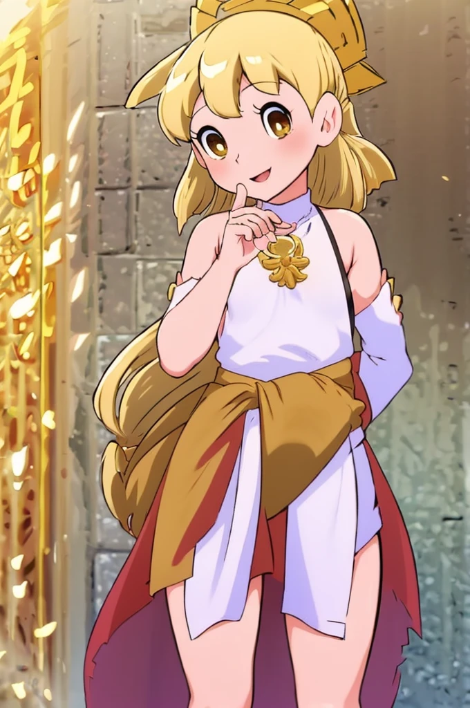 masterpiece、masterpiece、top-quality、top-quality、realisitic、unification、8k wallpaper、Official art、Highly detailed CG unified 8K wallpapers、hight resolution、finely detail、birdseye view、1girl in, (Correct finger shape:1.2)、(Correct anatomy:1.2)、(long golden hair to the waist:1.9)、(Curled golden hair), bewitching, A sexy、kindly smile、