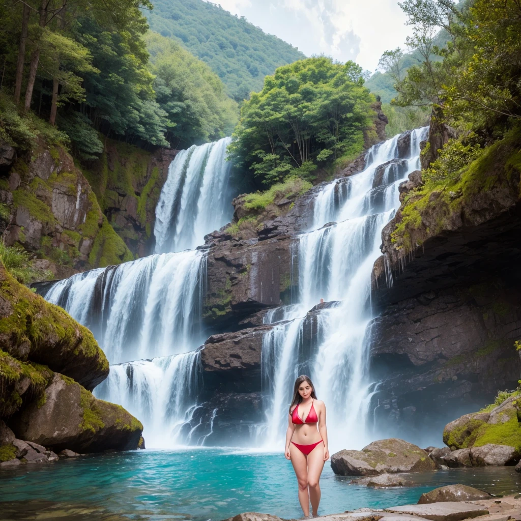 One Girl, Night Scene, Large Waterfall, (Masterpiece), (Realistic), (Super-Detailed), (Beautiful), Moon In Beautiful Night Sky, Beautiful Starry Sky, Stream, Night Scene, Natural Landscape, Professional Lighting, (Best Quality, 128k, Masterpiece), Very Beautiful Long Face, American Model, Big Tits, Collar Bones, Starry Sky, Super High Quality, ( Photorealistic:1.1), RAW photo, Natural landscape, Very big breasts and big eyes, Dark brown hair, White and red bikini, Standing, Standing full body, Smiling, Full body shot, Long face, Waterfall, Stream