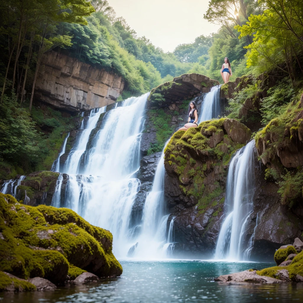 One Girl, Night Scene, Large Waterfall, (Masterpiece), (Realistic), (Super-Detailed), (Beautiful), Moon In Beautiful Night Sky, Beautiful Starry Sky, Stream, Night Scene, Natural Landscape, Professional Lighting, (Best Quality, 128k, Masterpiece), Very Beautiful Long Face, American Model, Big Tits, Collar Bones, Starry Sky, Super High Quality, ( Photorealistic:1.1), RAW photo, Natural landscape, Very big breasts and big eyes, Dark brown hair, White and red bikini, Standing, Standing full body, Smiling, Full body shot, Long face, Waterfall, Stream