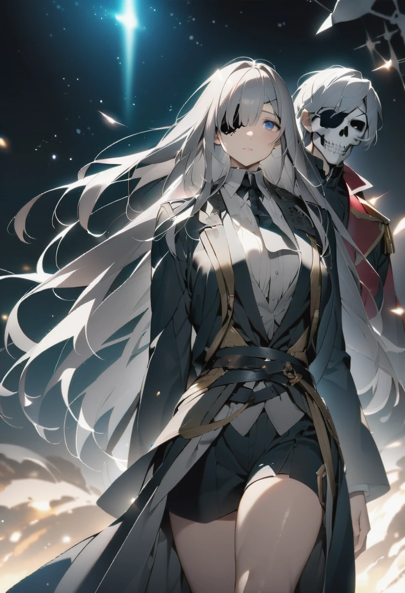 Highest quality、masterpiece、Captain Harlock、universe海賊、Eye patch:1.7、(((💀のマークのEye patch:1.37)))、(((One Man)))、There are scars on the face、50Gentleman of years、Romance Gray Hair、Long Hair、universe戦のコックピット、Enterprise、universe、Andromeda Galaxy、universe空間、