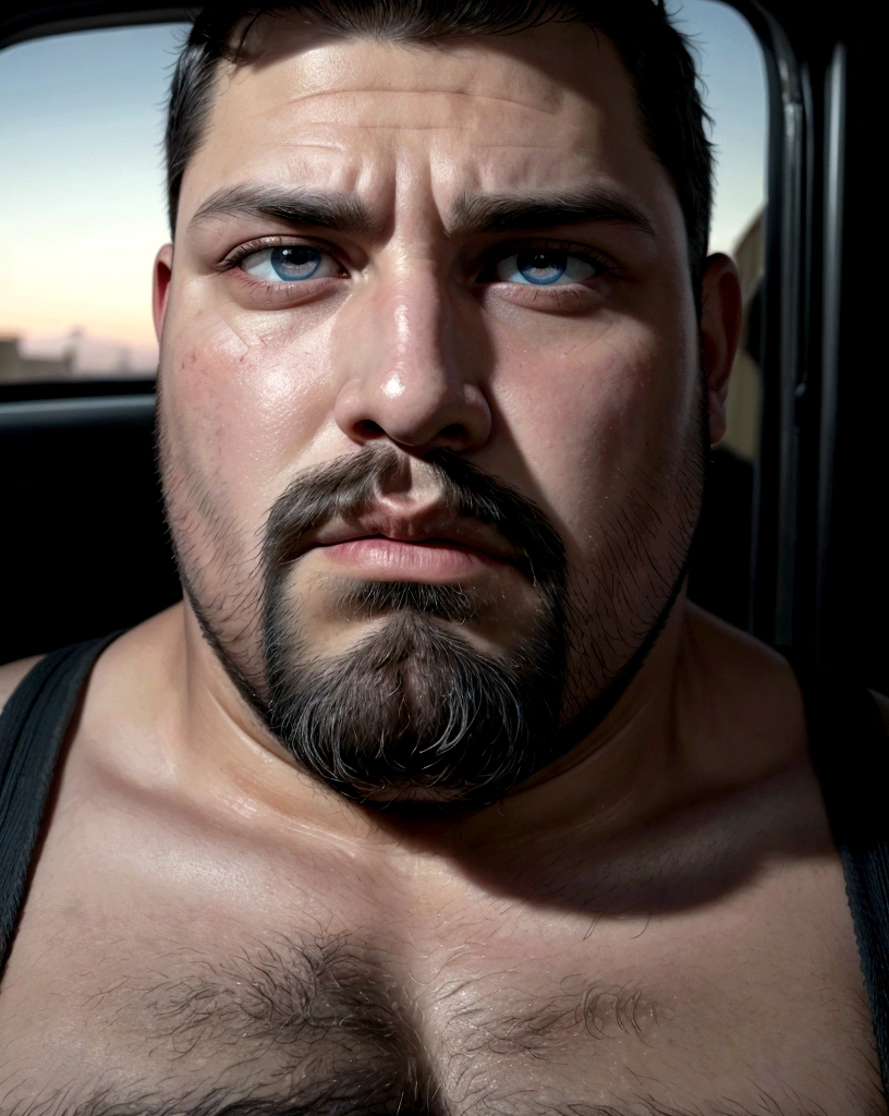 a fat bearded rude trucker man, extremely detailed face, beautiful detailed eyes, beautiful detailed lips, big bulge, photorealistic, 8k, hyperdetailed, cinematic lighting, dramatic shadows, vivid colors, baroque style, chiaroscuro, dramatic composition