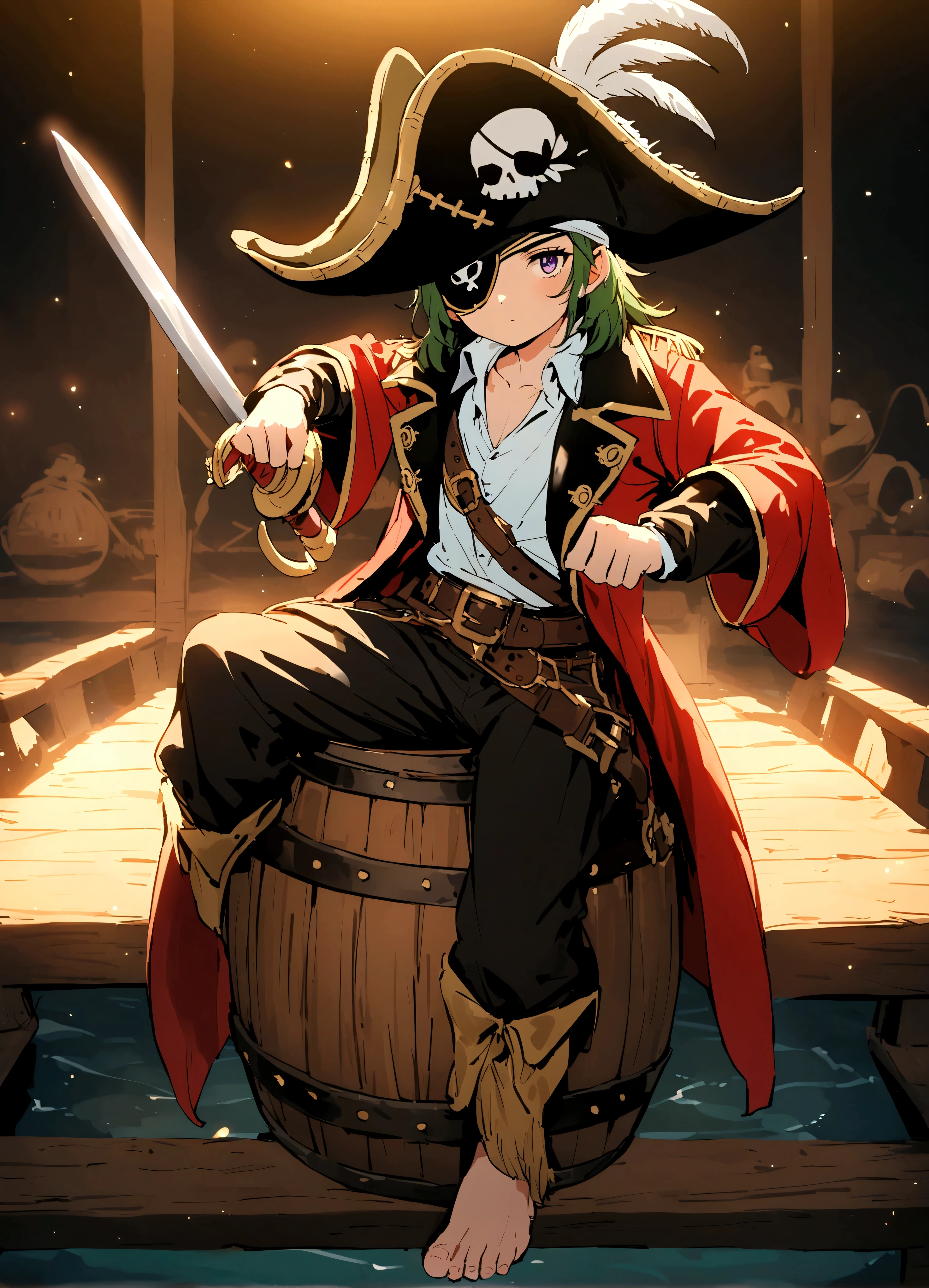 An alligator pirate (pirate hat and jacket, belt with sword, eyepatch) poses on pier, he has one foot on a barrel of rum