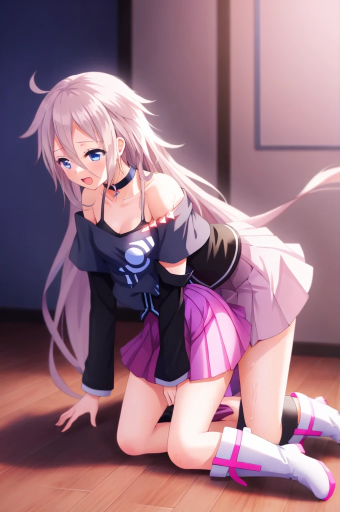 one girl, IA, vocaloid, skirt, black shirt, off shoulder, choker, beautiful, boots, naive, sex, girl on top sex