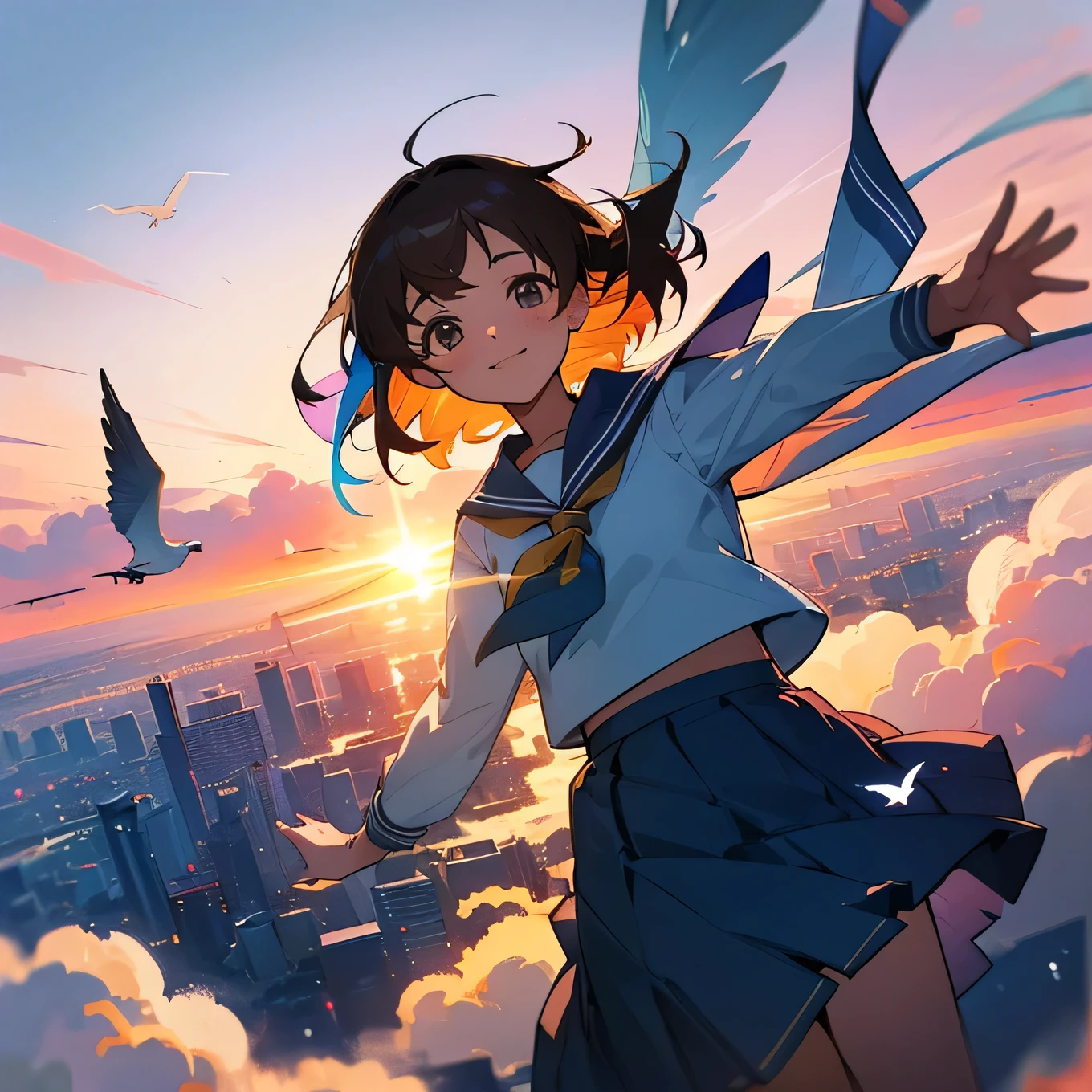 a girl in a sailor uniform flying through the sky, her skirt billowing in the wind, short brown hair, with the Tokyo cityscape visible in her eyes, bird's eye view, colorful sky, above the clouds, skydiving、Beautiful sunset、Backlight、High quality、Extremely detailed background、Cute Girls、smile