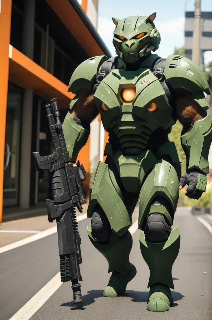 A 21 year old、Strong build、Wearing《Doom》Green Doom Marine armor、Full breasts、Strong female orange cat holding a giant futuristic rifle，Walking on the street