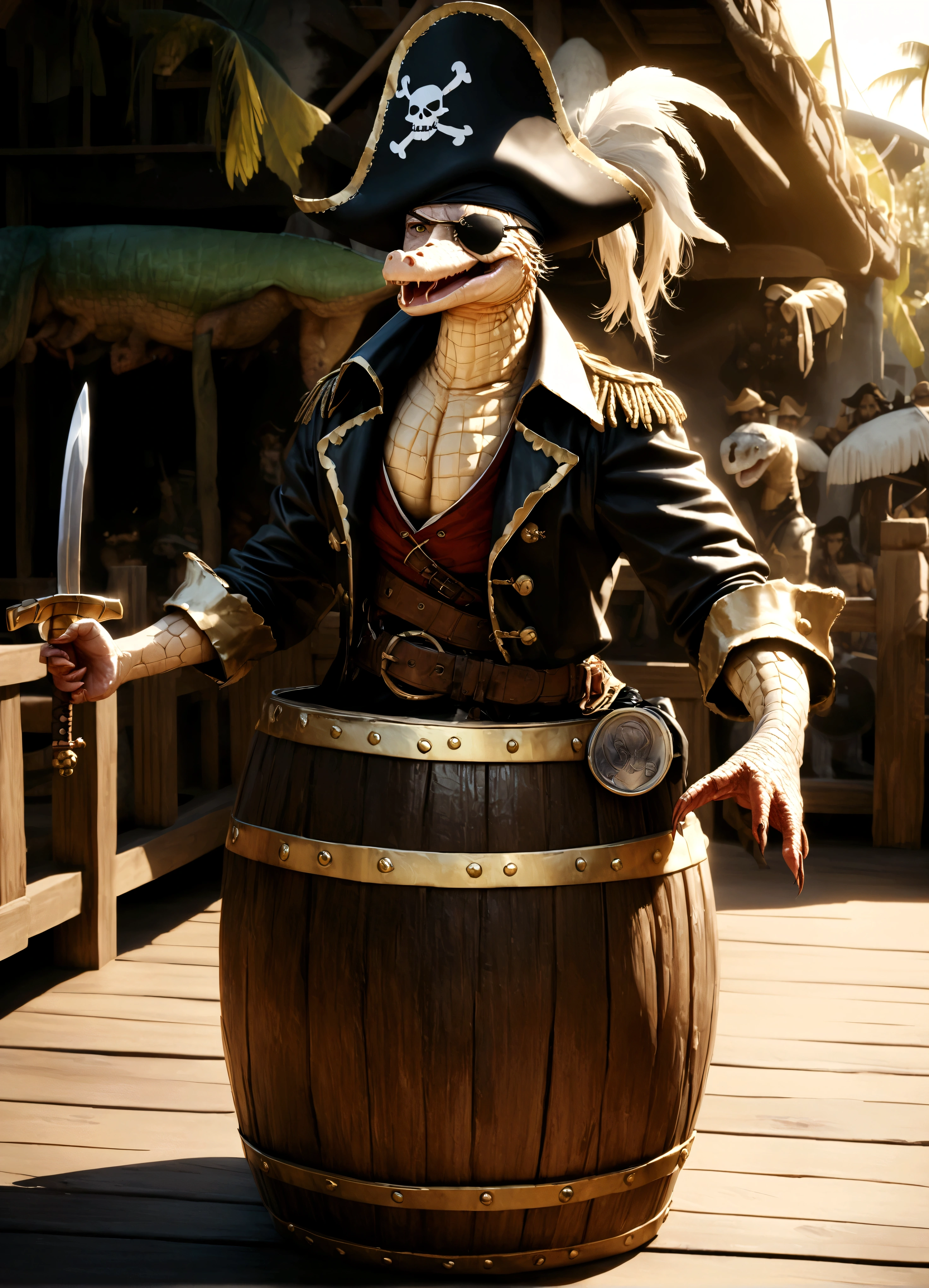 alligator pirate, pirate hat, pirate jacket, belt with sword, eyepatch, one foot on barrel of rum, poses on pier, detailed reptilian features, detailed pirate costume, dramatic lighting, cinematic composition, highly detailed, photorealistic, award winning, 8k, hyper realistic