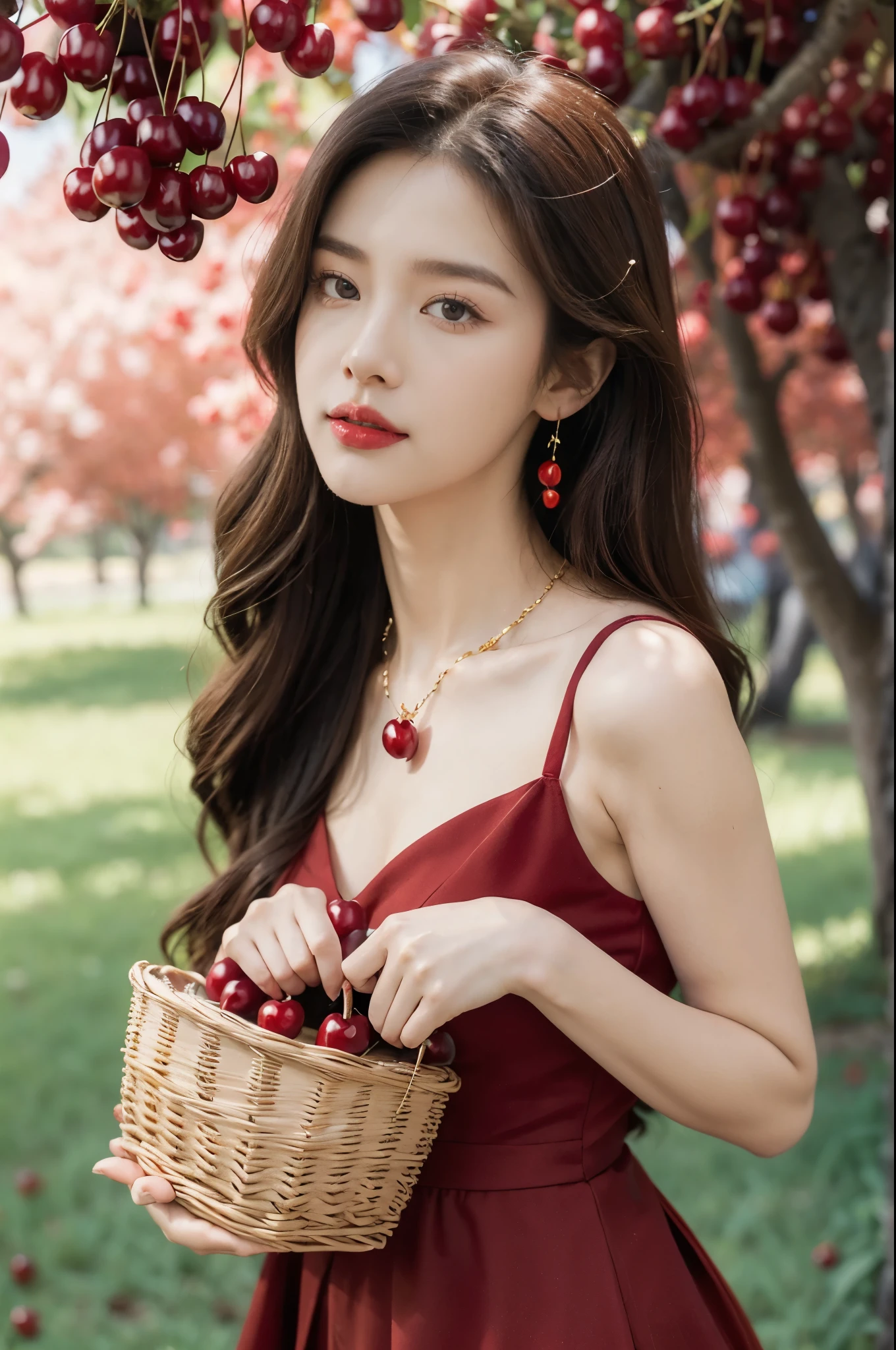(((best quality))),(((ultra detailed))),(((masterpiece))),illustration,1 beautiful girl,solo,earrings,necklace,medium straight hair,slim,flat chest,red dress,summer,(cherry orchard full of red cherries:1.3),sunlight,dappled light,fair skin,smile,(ripest cherries on the trees:1.3),red lips,peaceful,summer breeze,hair fluttering,setting sun,radiant hue,beauty grace,basket,upper body